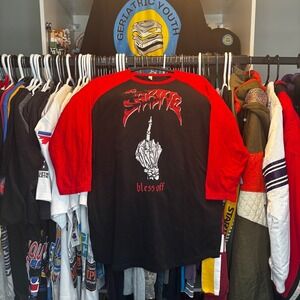 The Shrine Bless Off Raglan 3/4 Sleeve Shirt Large Black Red Hardcore Punk Tee